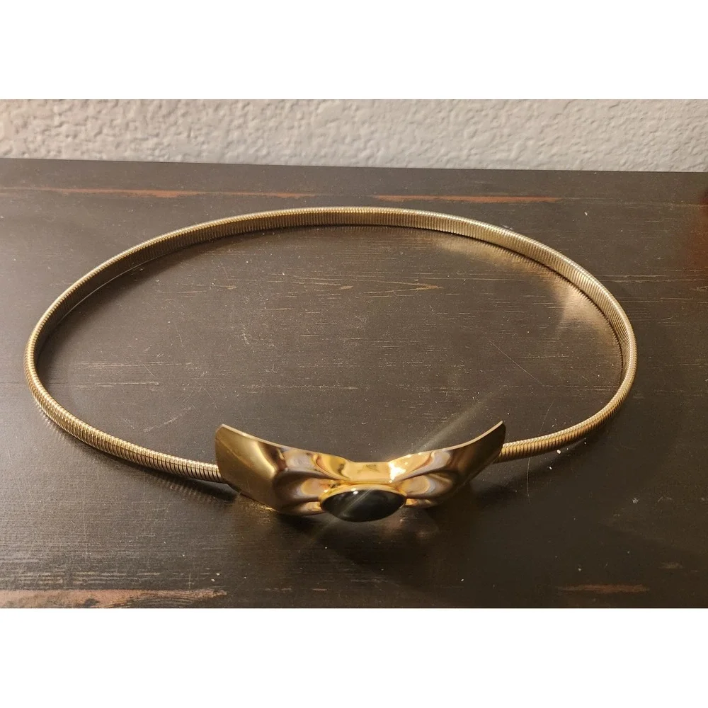 Vintage Gold Tone Snake‎ Chain Stretch Belt Black Cabochon Bow Buckle Womens
